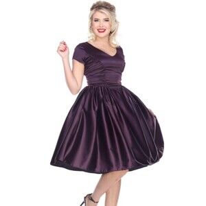 BETTIE PAGE Rita Ruchrd Fit and Flare Midi Dress Plum Purple Satin Womens Small